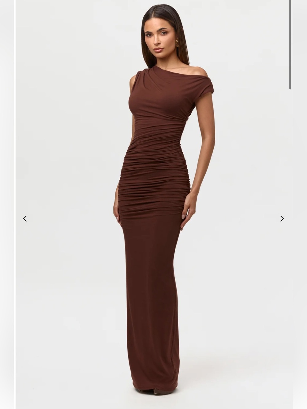 Naked Wardrobe $118 Smooth off-Shoulder Ruched Maxi Dress - Brown